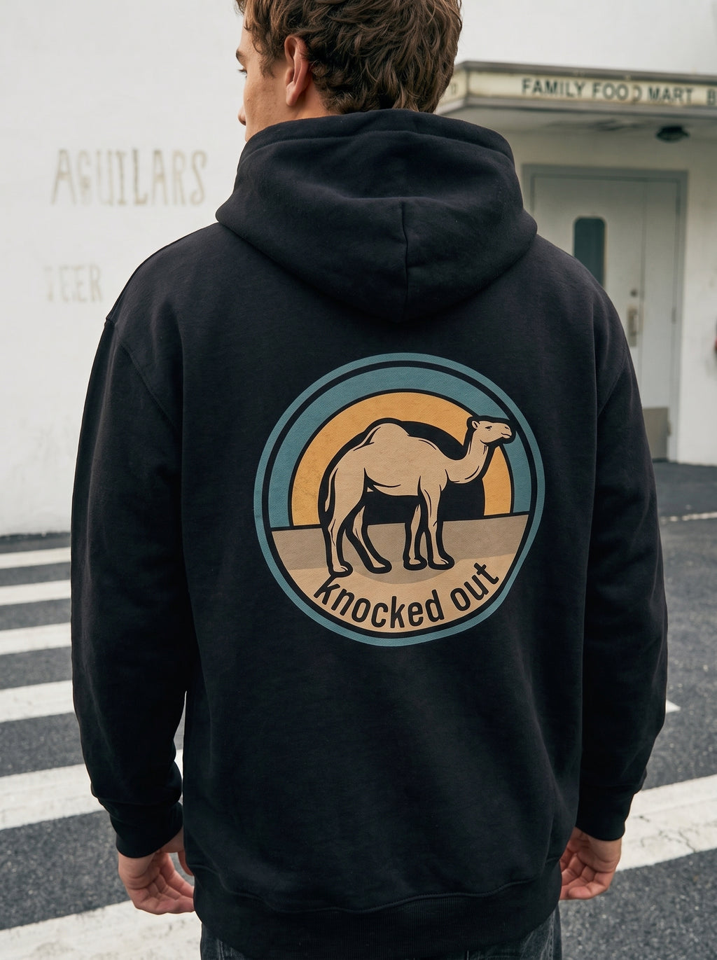 Mens Knocked Out Hoodie - Retro Circular Badge Graphic
