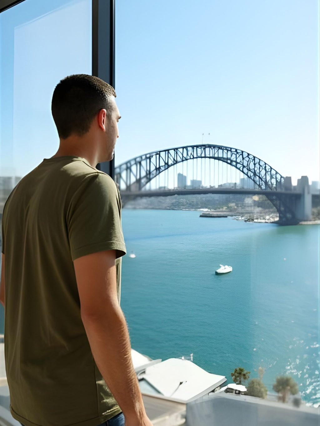 Man looking out at the Sydney Harbour Bridge from a high vantage point.