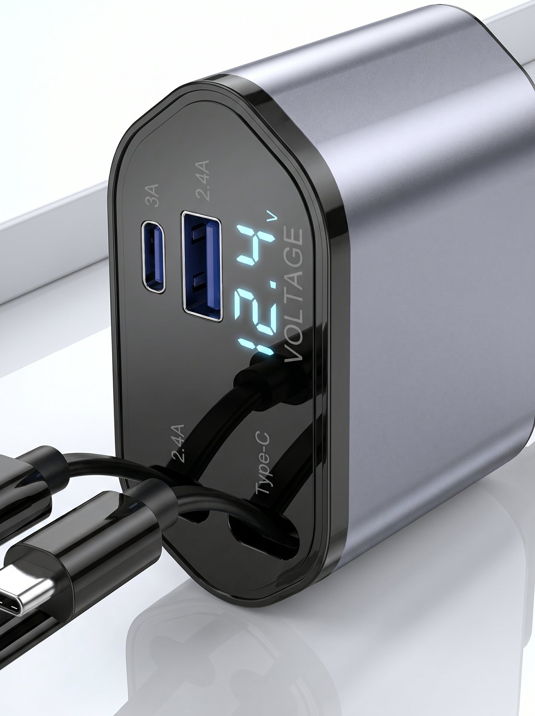 DriveHub Pro™ 120W Retractable Car Charger – Dual Type-C 4-in-1 Fast Charging Station with Voltage Monitor for Professional Drivers