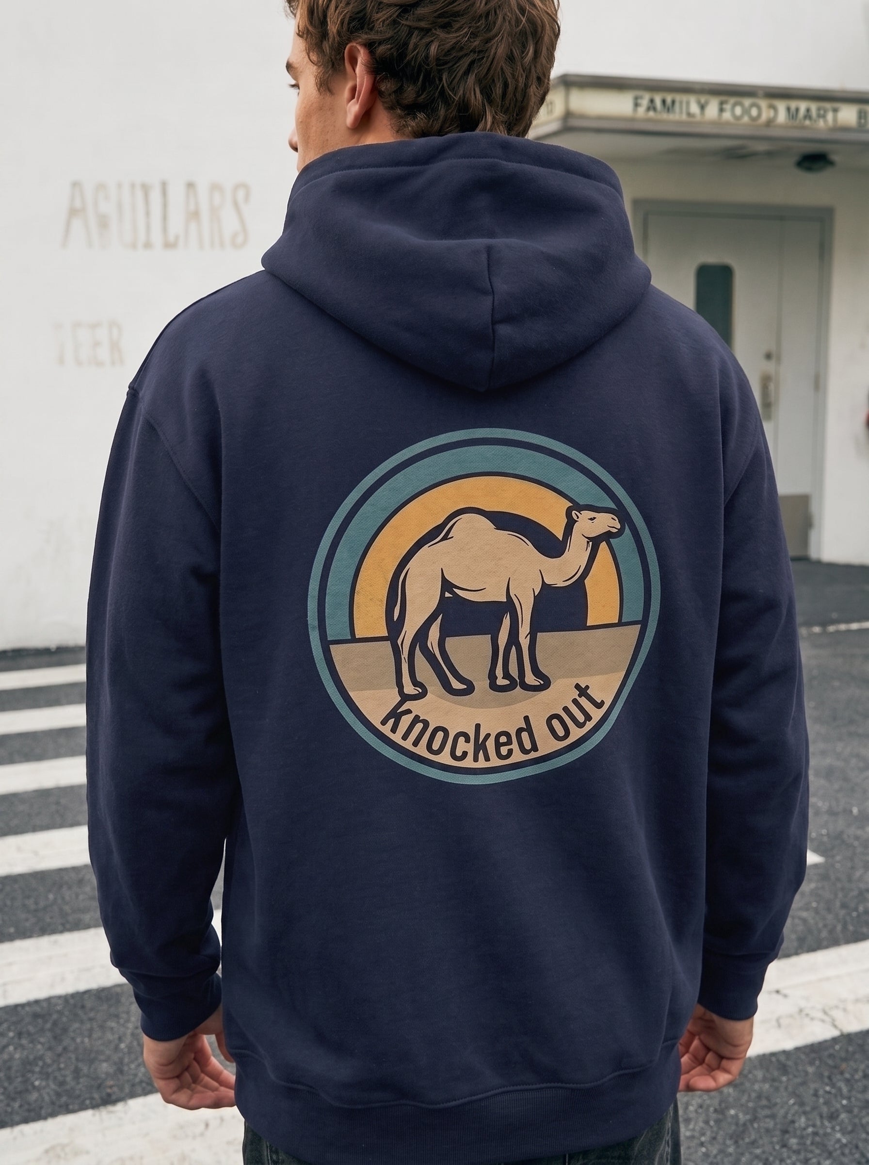 Mens Knocked Out Hoodie - Retro Circular Badge Graphic