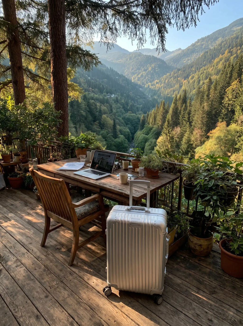 A silver hard-shell suitcase sits on a wooden deck beside a rustic worktable with a laptop, chairs, and potted plants, set against a dramatic mountain valley landscape.