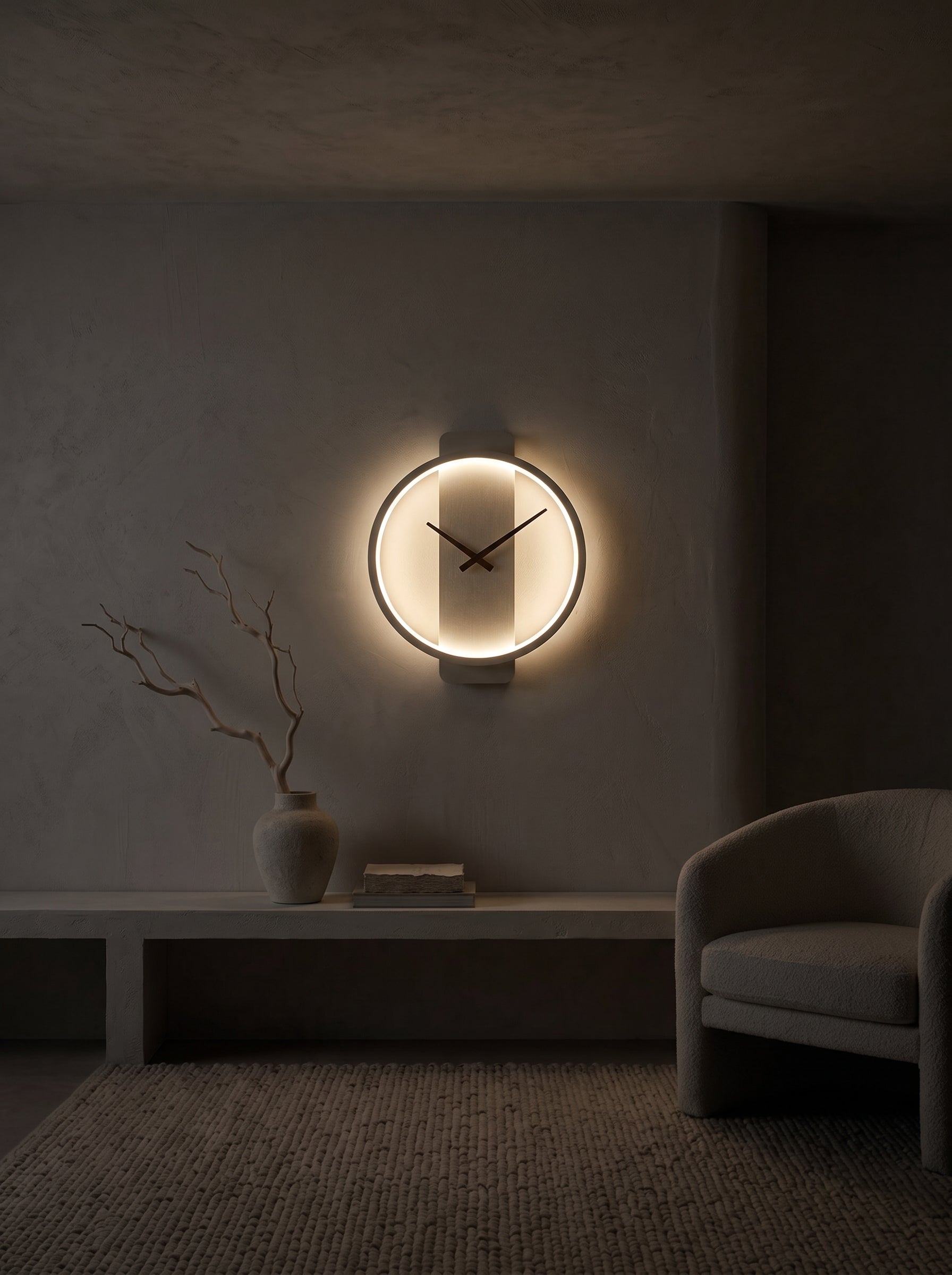 A modern circular wall clock with a glowing warm light and black hands, mounted on a textured gray wall in a dimly lit minimalist room with a bench, vase, and chair.