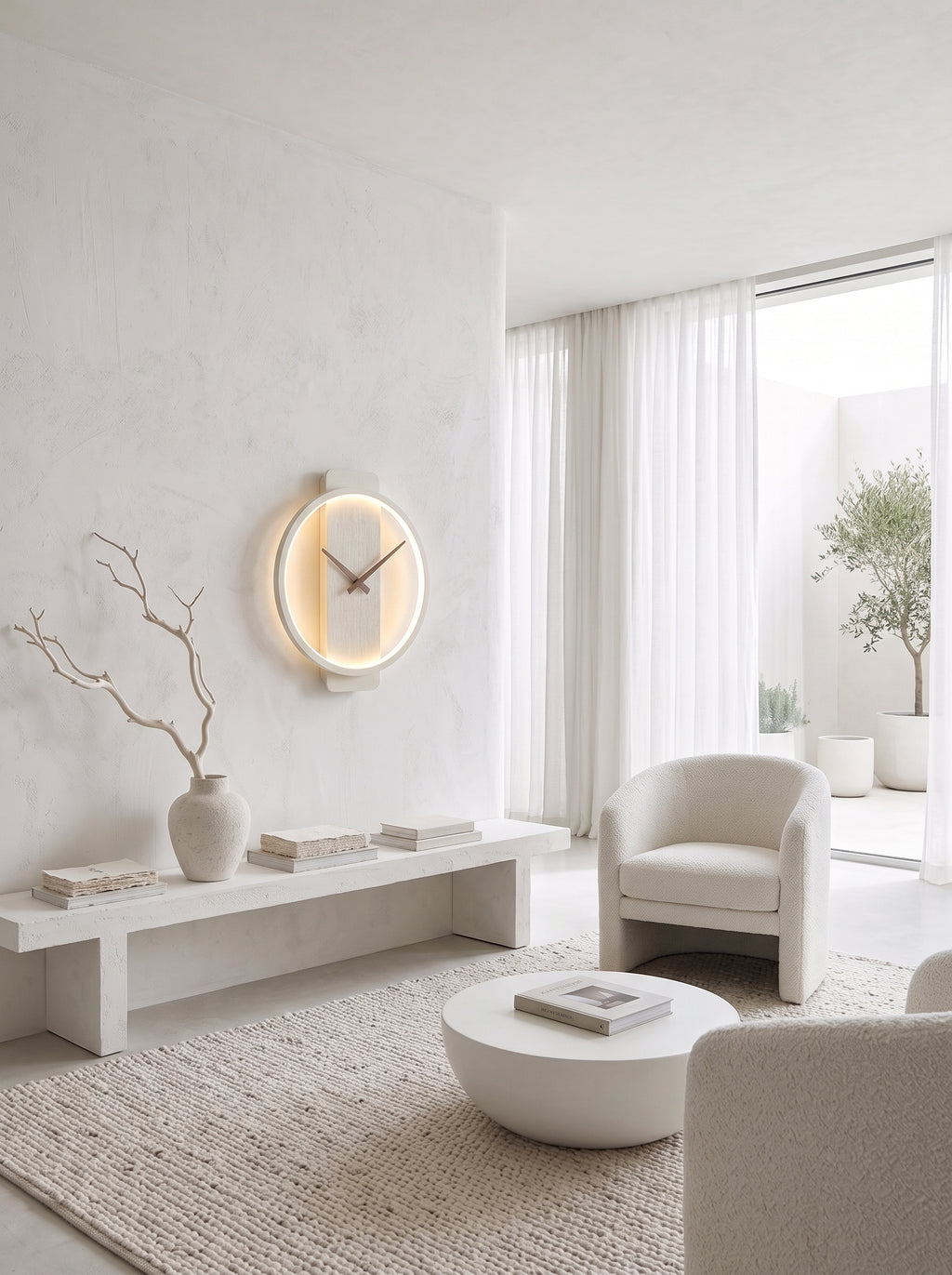 A modern minimalist living room featuring a round illuminated LED wall clock with a warm glow, styled with a white bench, ceramic vase with branches, a white armchair, and a round coffee table on a textured rug.