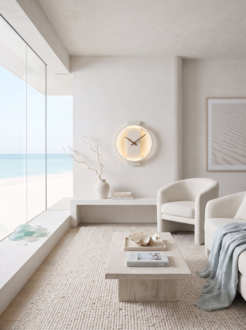 A modern minimalist living room with a large circular wall clock glowing with warm light, set in a bright, airy space with a view of the ocean through a floor-to-ceiling window.