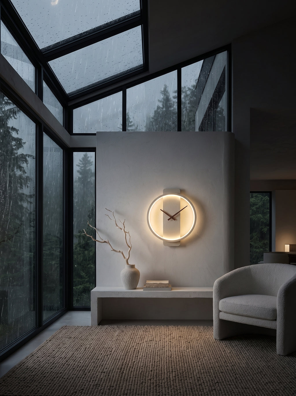 A modern circular wall clock with a warm glowing LED ring and black hands, mounted on a white accent wall in a contemporary minimalist room with large windows and a gray armchair.