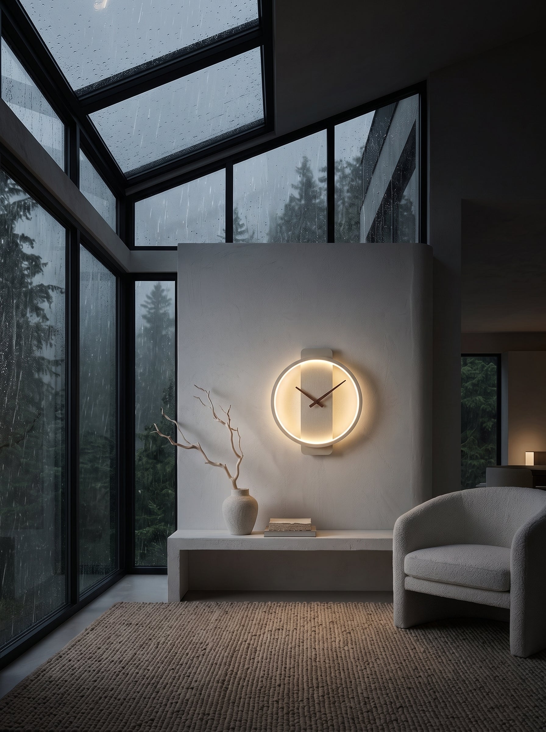 A modern circular wall clock with a warm glowing LED ring and black hands, mounted on a white accent wall in a contemporary minimalist room with large windows and a gray armchair.