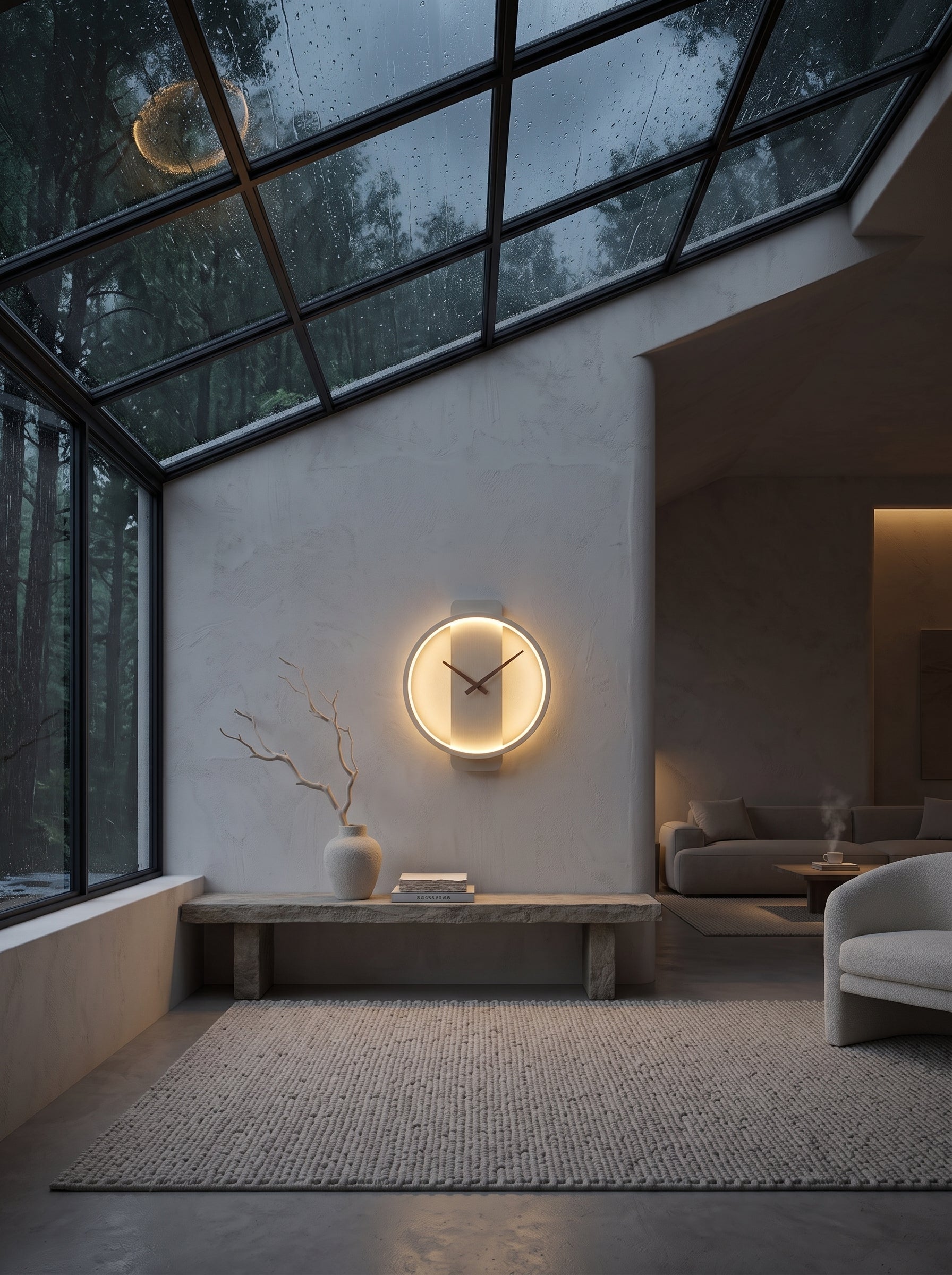 A minimalist round wall clock with a glowing warm white LED ring and black hands, mounted on a textured light gray wall in a modern, sunlit interior with a glass skylight.