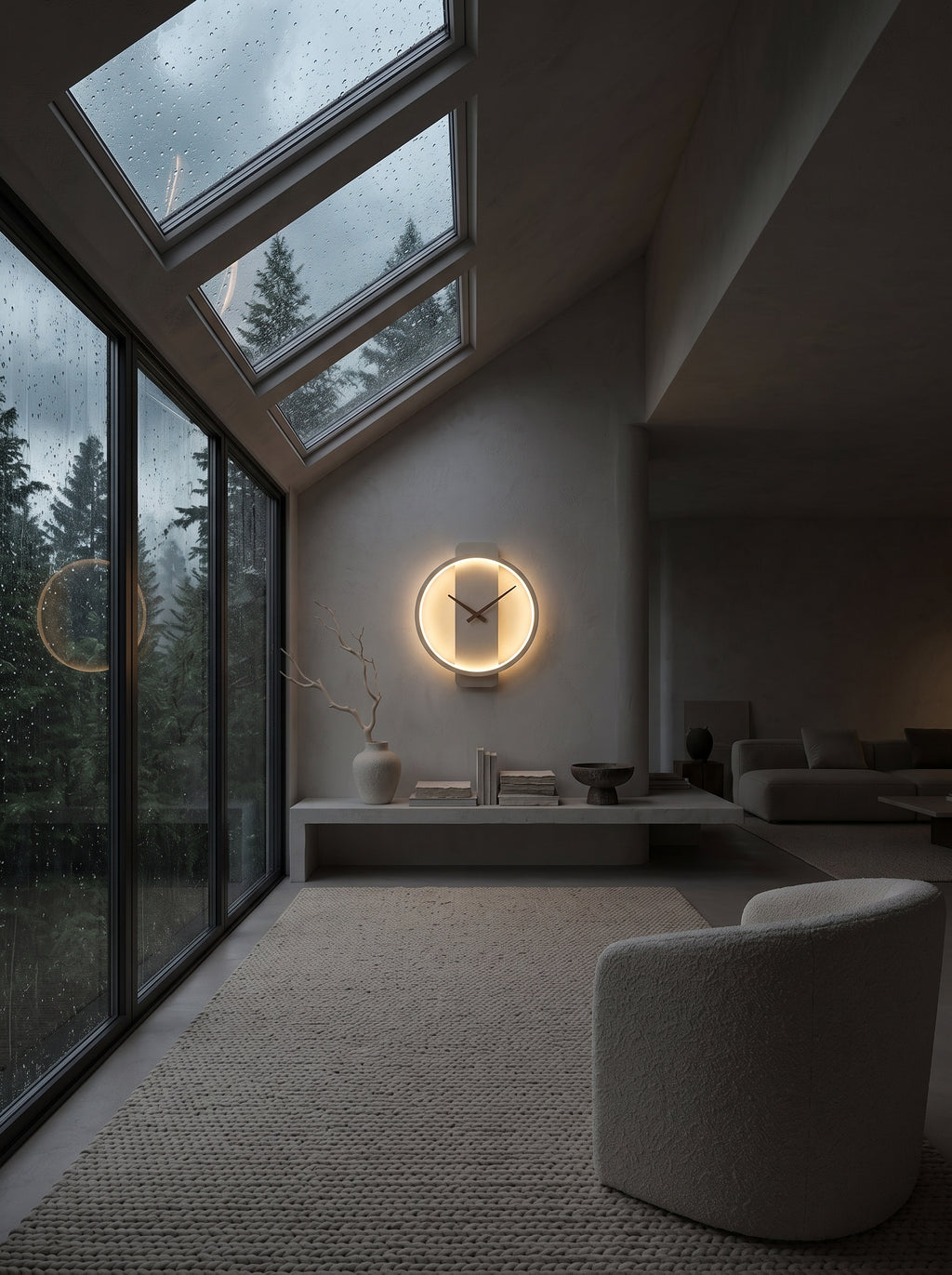 A modern circular wall clock with a warm glowing light frame and black hands, mounted on a gray wall in a contemporary, sunlit living room with large windows and skylights.