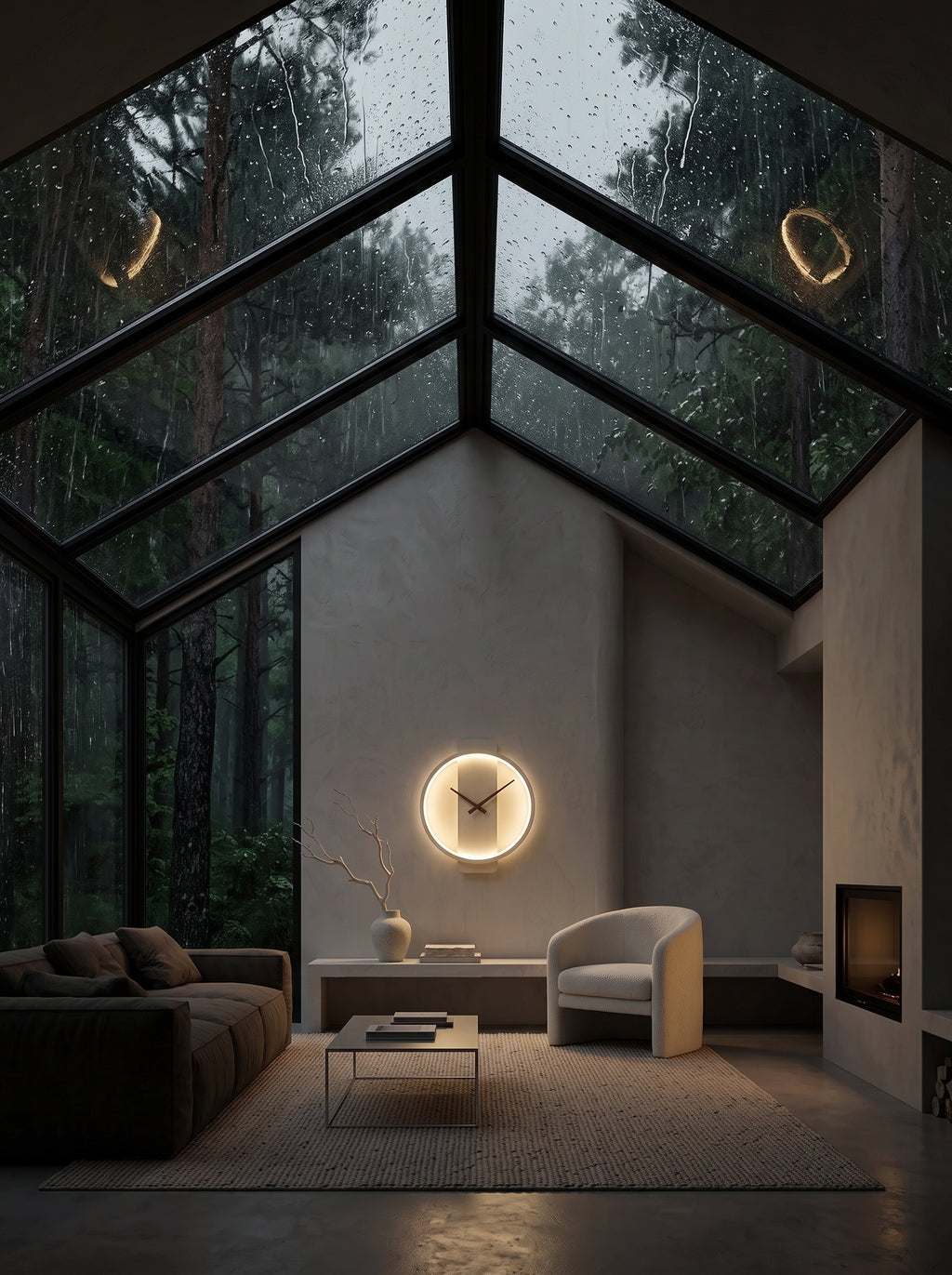 A modern living room with a large glass gable roof overlooking a rain-slicked forest. The interior features a curved gray sofa, a light beige armchair, a low glass coffee table, and a glowing circular wall clock centered on the wall.