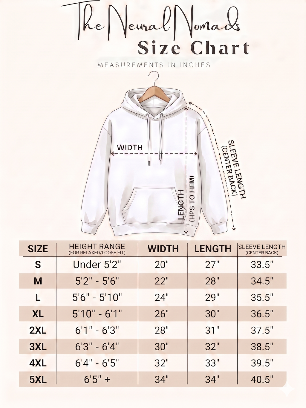 Size chart for a hoodie with measurements in inches