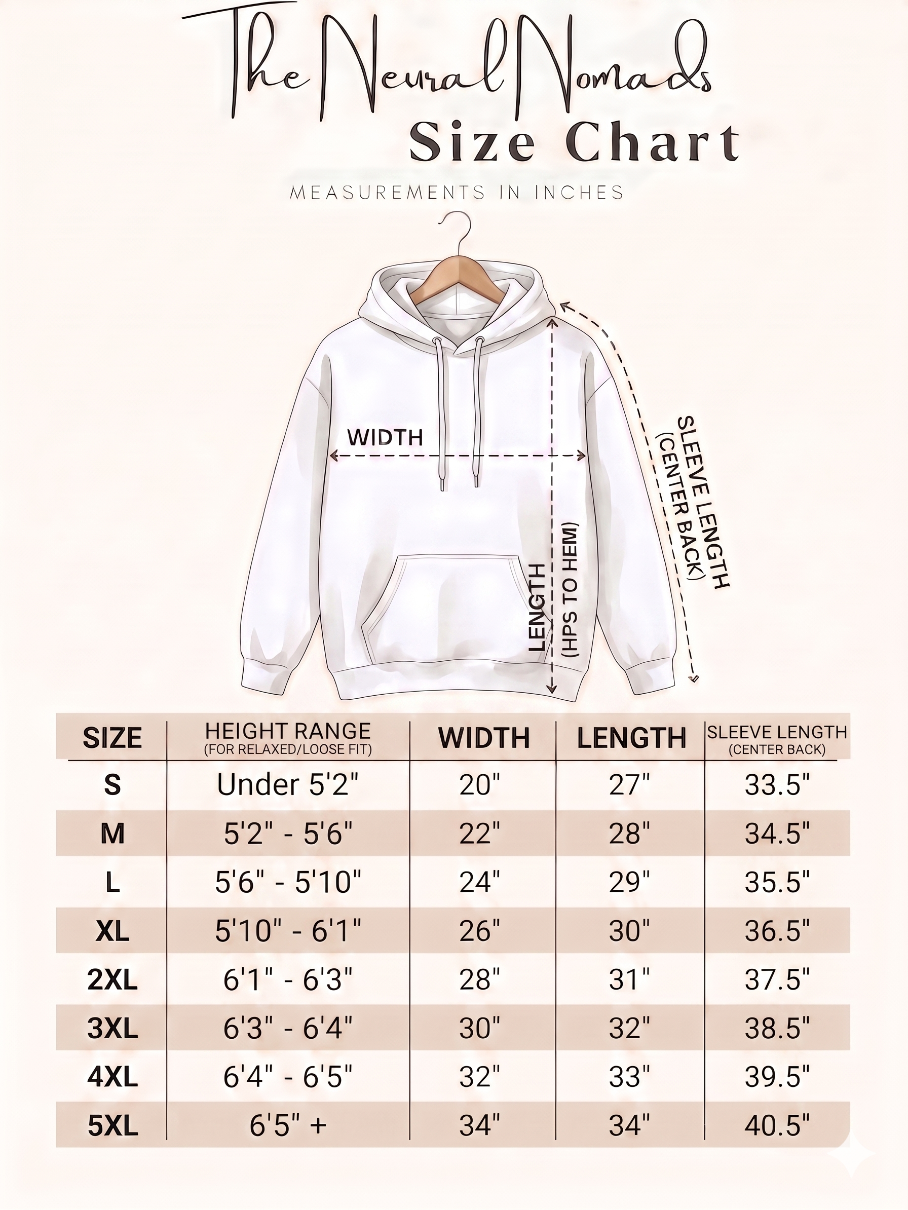 Size chart for a hoodie with measurements in inches