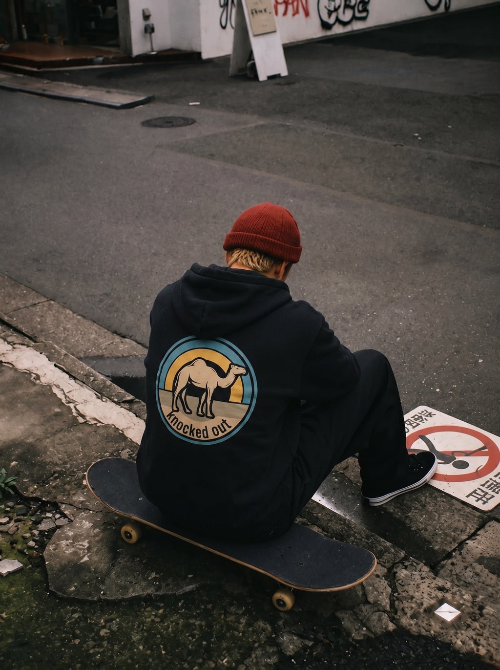 Mens Knocked Out Hoodie - Retro Circular Badge Graphic