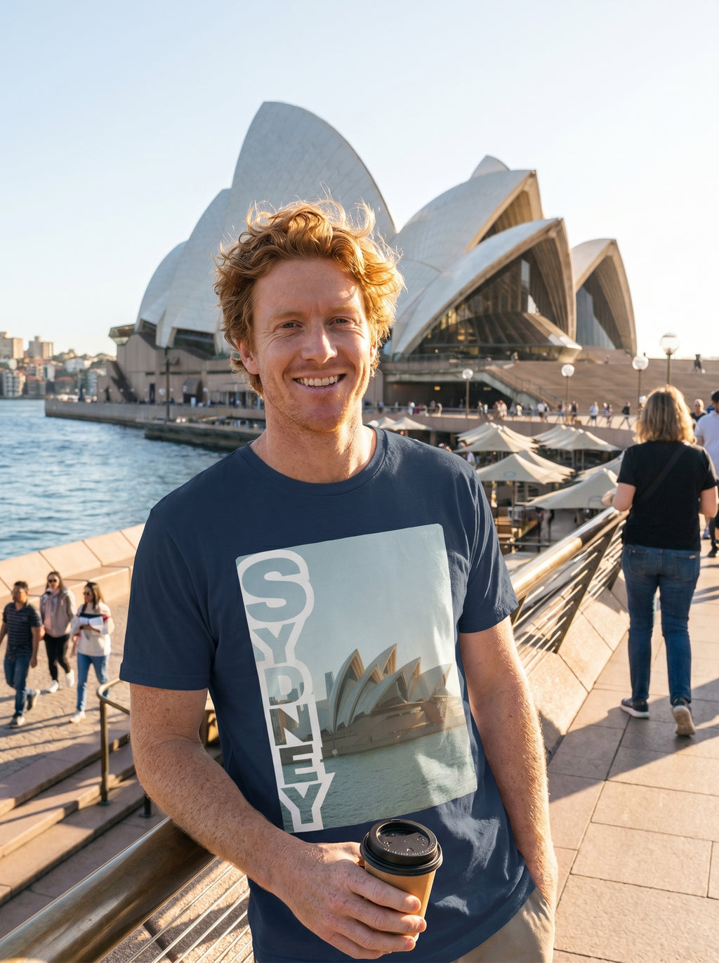 Person holding a coffee cup with the Sydney Opera House in the background