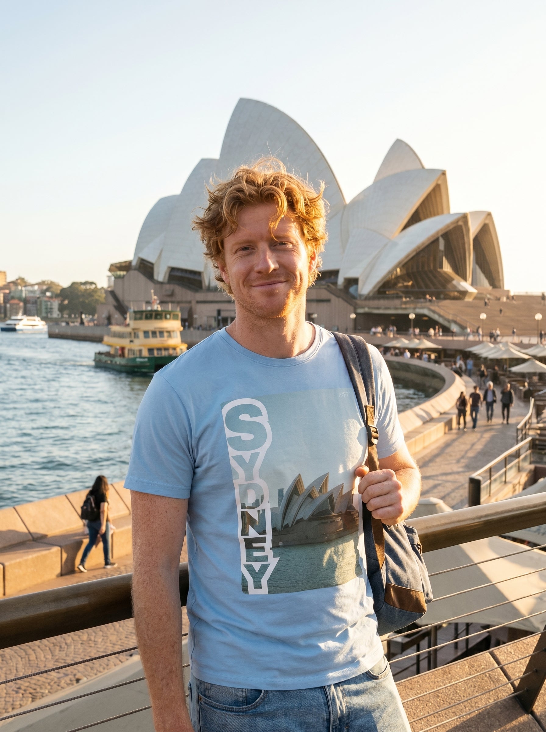 Person wearing a 'Sydney' t-shirt in front of the Sydney Opera House.