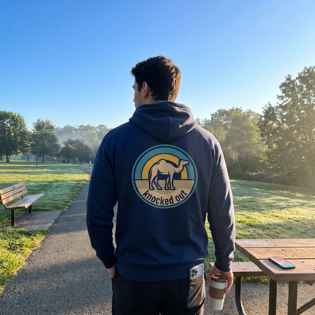 Mens Knocked Out Hoodie - Retro Circular Badge Graphic
