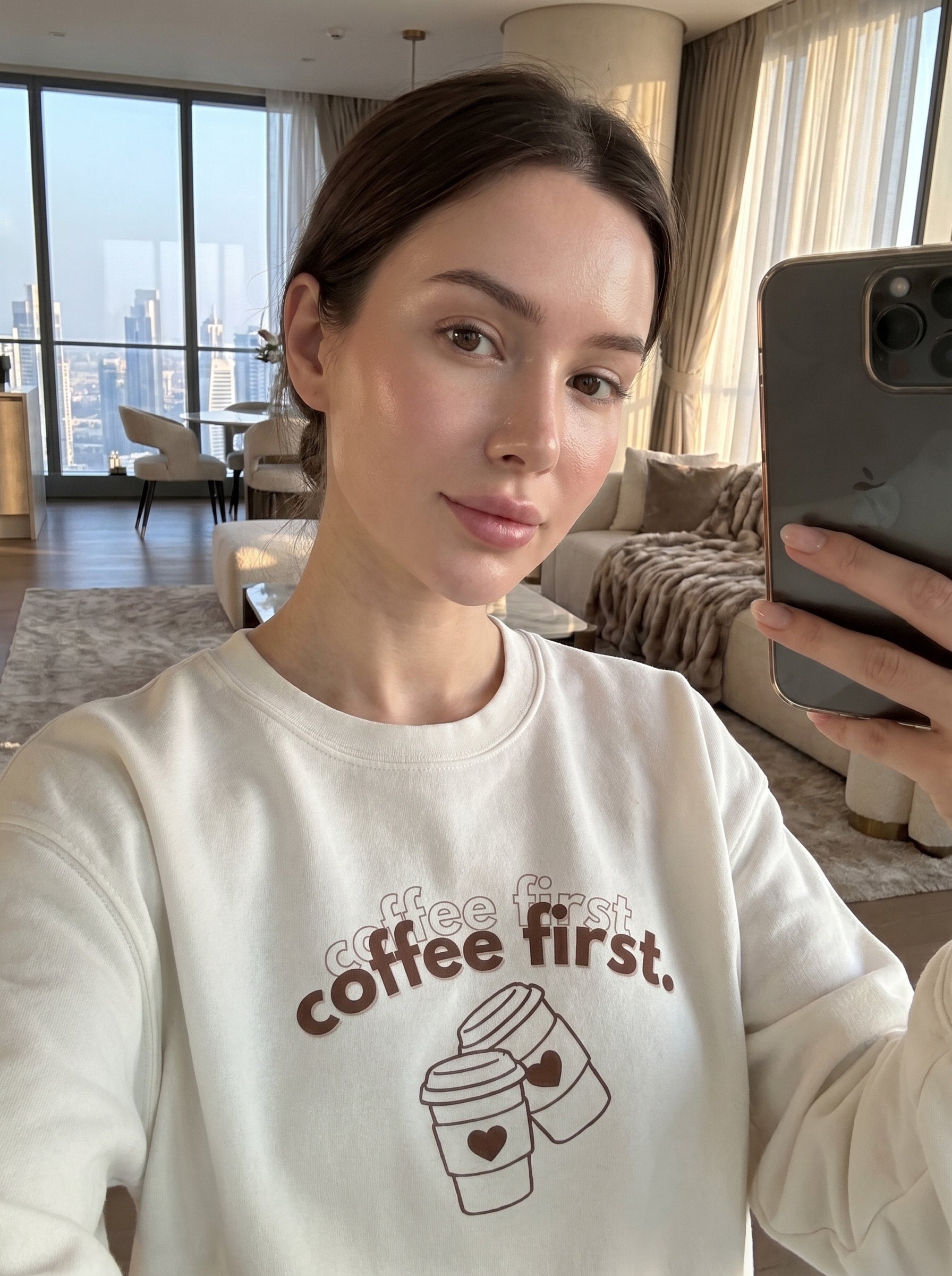 Women's Coffee First Graphic Crewneck - Retro Oversized Pullover Sweatshirt