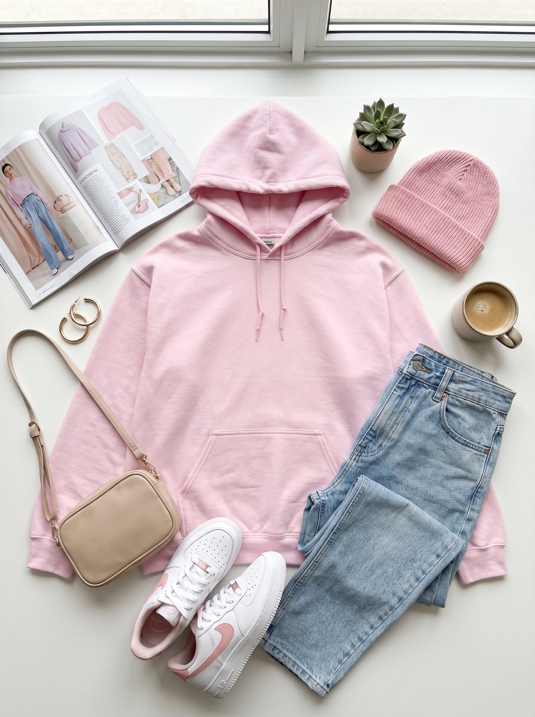 Pink hoodie, jeans, sneakers, and a beanie arranged on a light surface with a magazine and plant in the background.