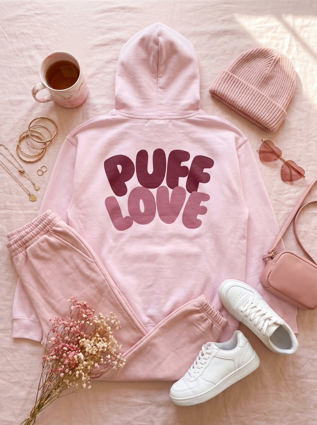 Pink 'Puff Love' hoodie with matching pants, white sneakers, a beanie, and a cup on a light pink surface.
