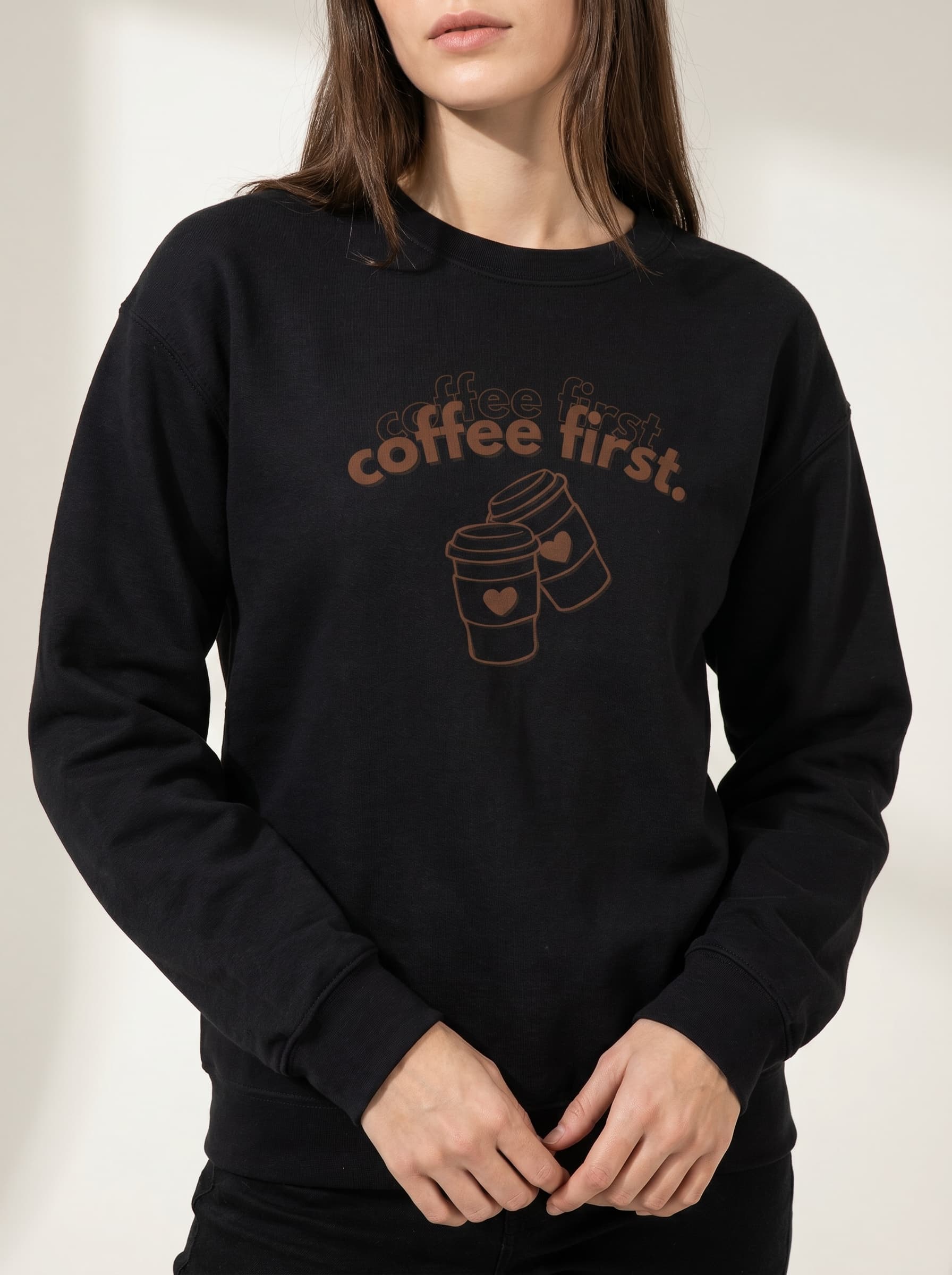 Women's Coffee First Graphic Crewneck - Retro Oversized Pullover Sweatshirt
