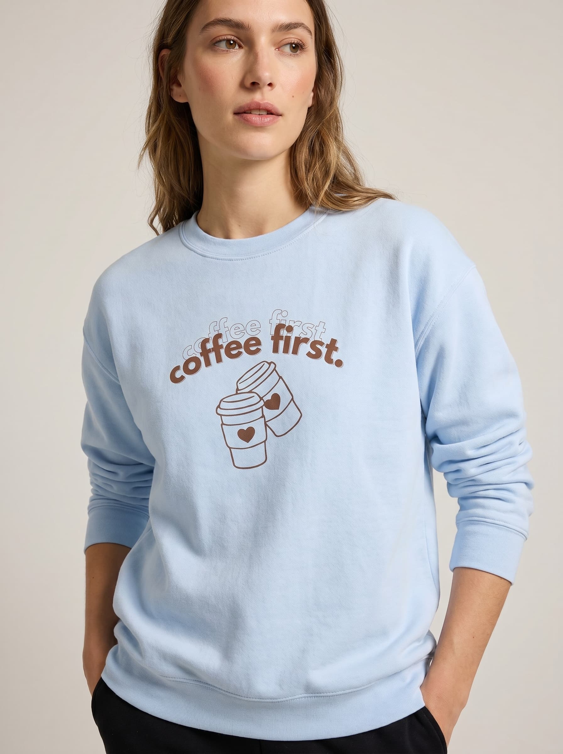 Women's Coffee First Graphic Crewneck - Retro Oversized Pullover Sweatshirt
