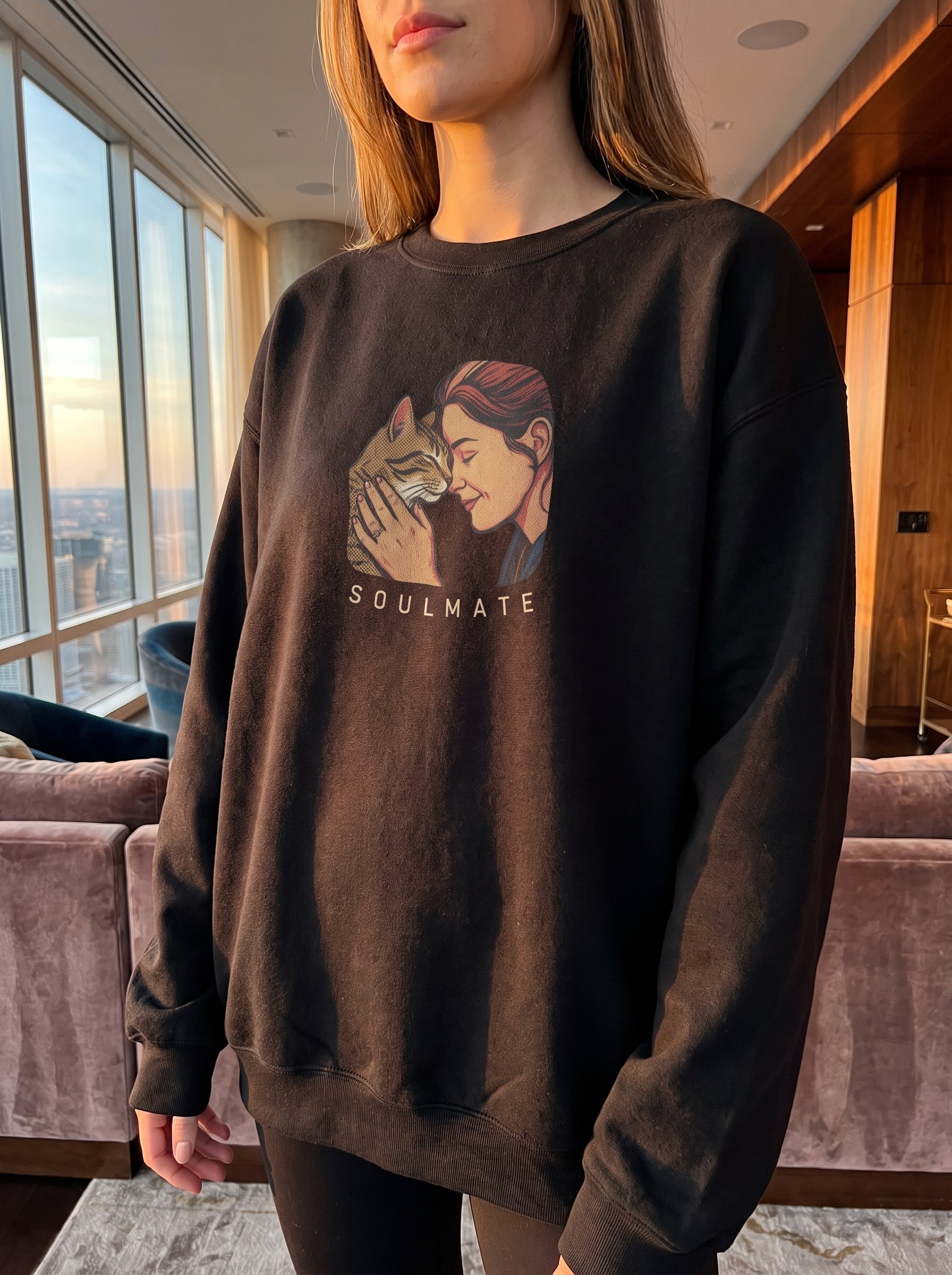 Vintage Cat Soulmate Crewneck Sweatshirt - Unisex - Oversized Fit - Fleece Interior