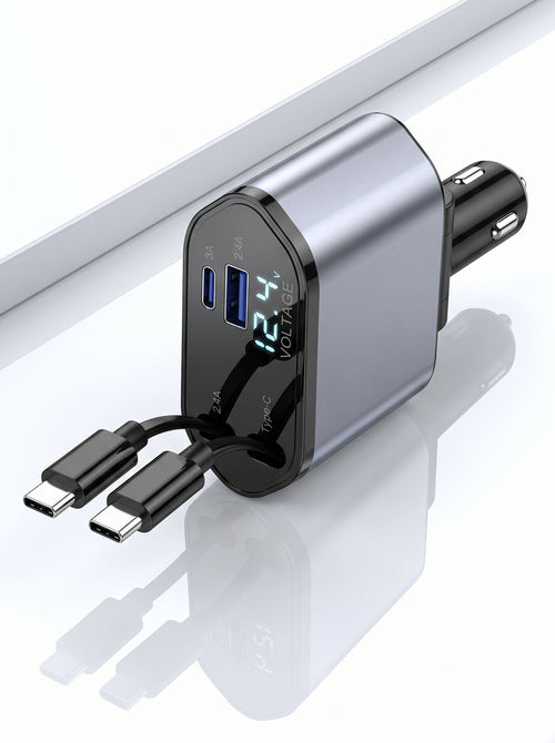 DriveHub Pro™ 120W Retractable Car Charger – Dual Type-C 4-in-1 Fast Charging Station with Voltage Monitor for Professional Drivers