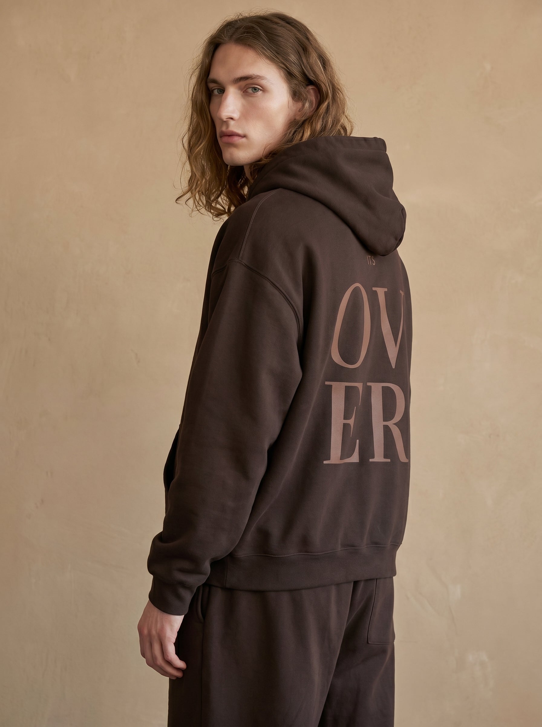 Men's Oversized Dark Brown Hoodie - "Its Over" Retro Typography Pullover