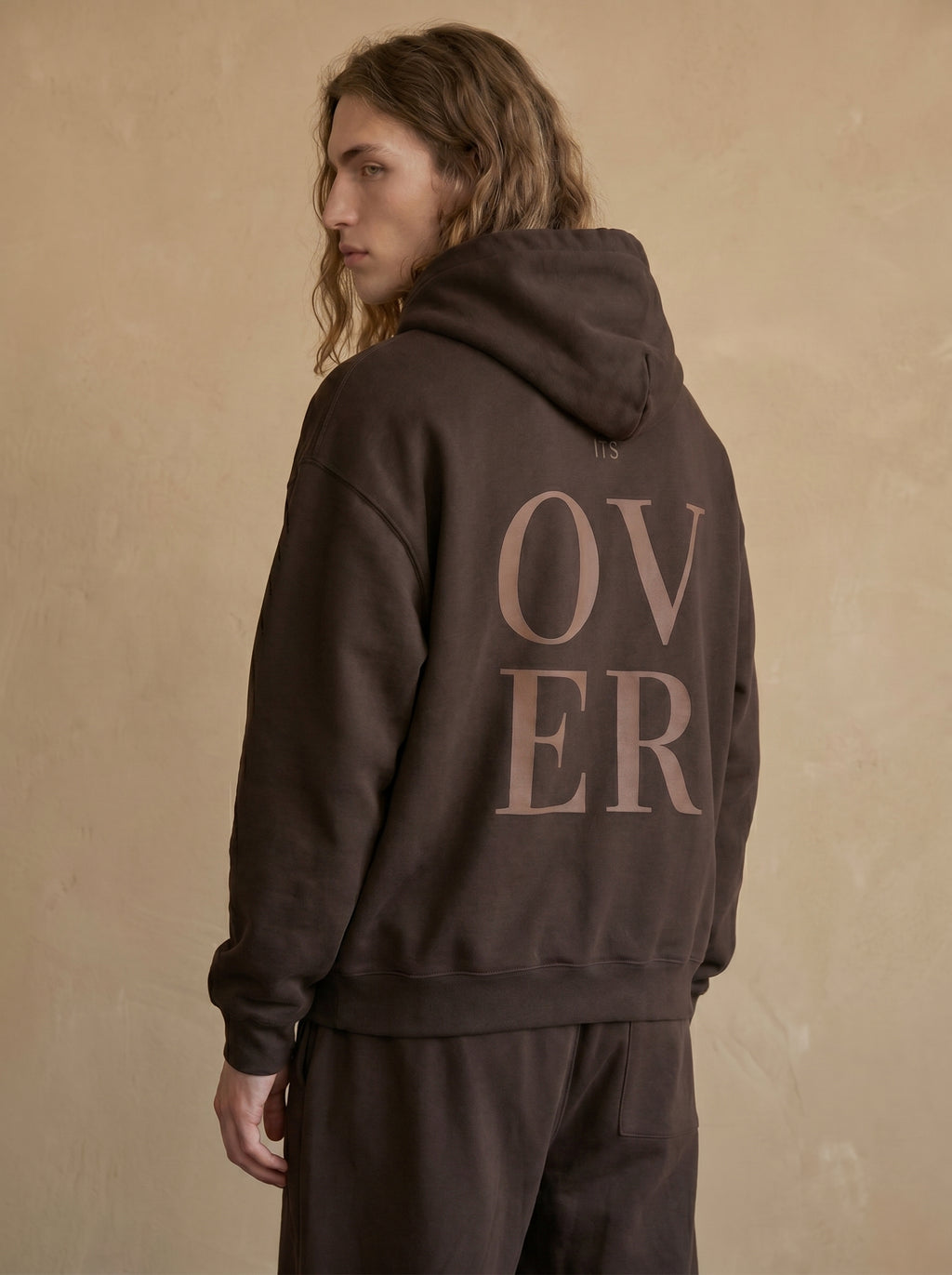 Men's Oversized Dark Brown Hoodie - "Its Over" Retro Typography Pullover