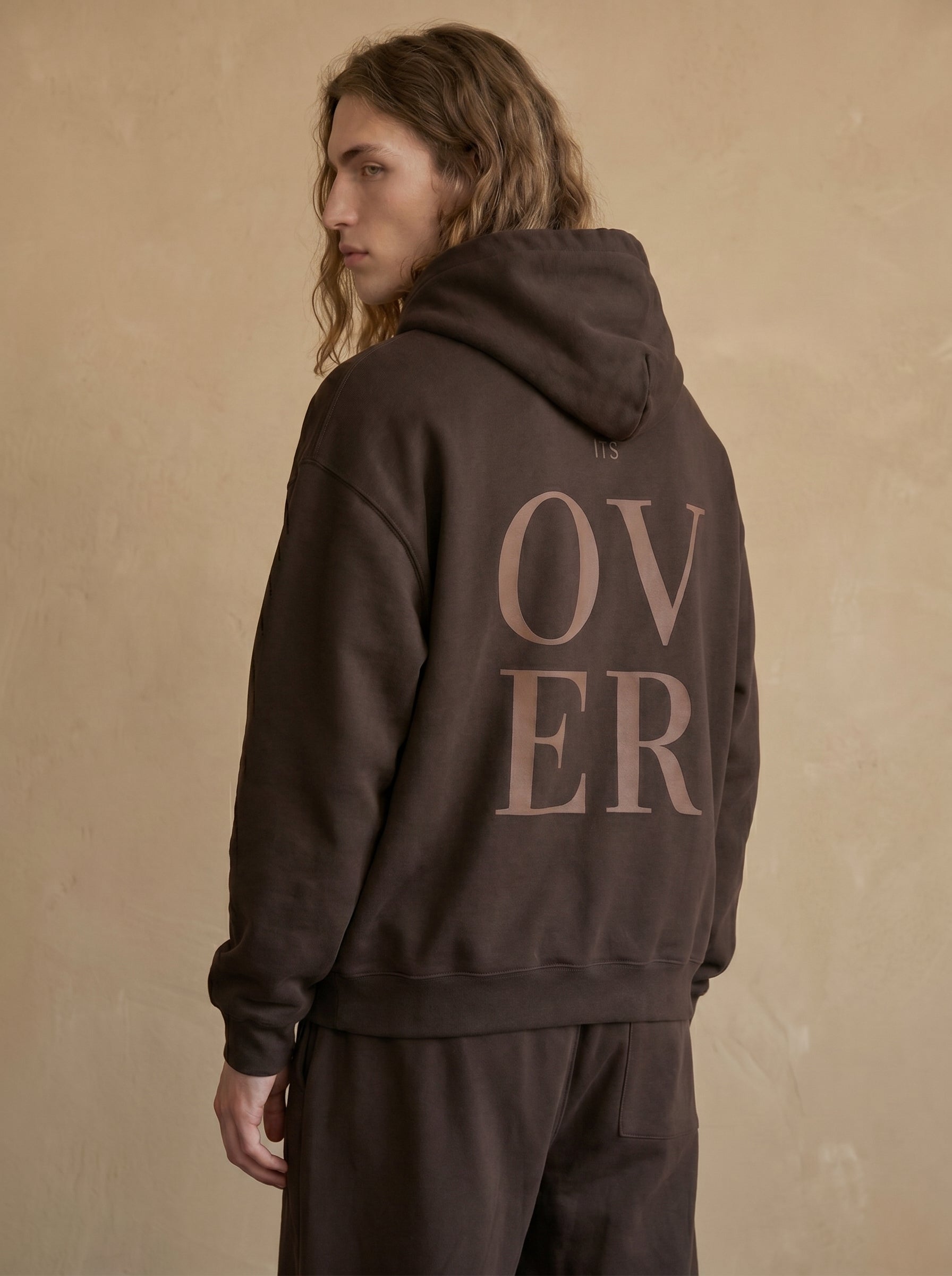 Men's Oversized Dark Brown Hoodie - "Its Over" Retro Typography Pullover