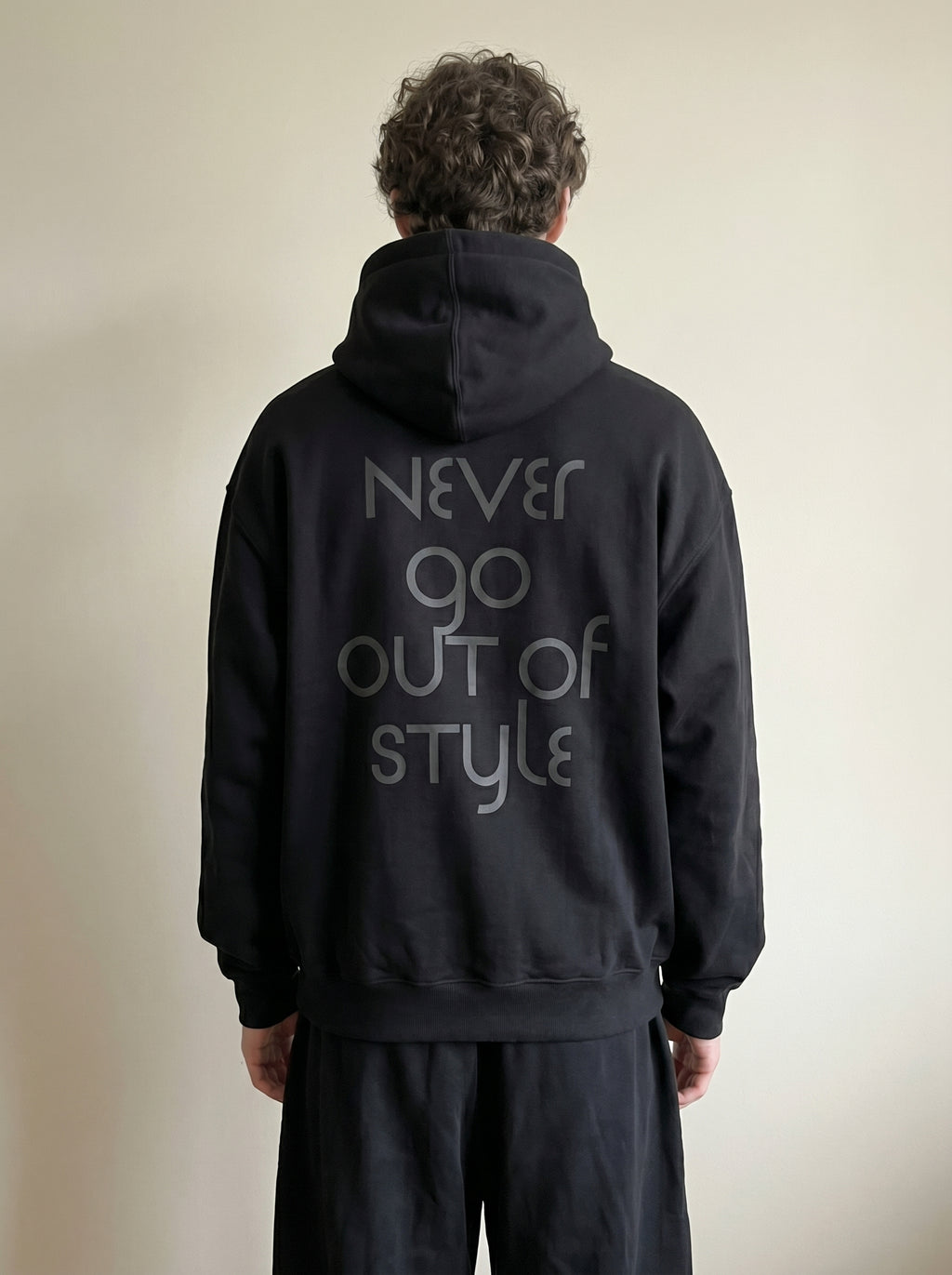 Men's Oversized Black Graphic Hoodie - "Never Go Out of Style" Pullover