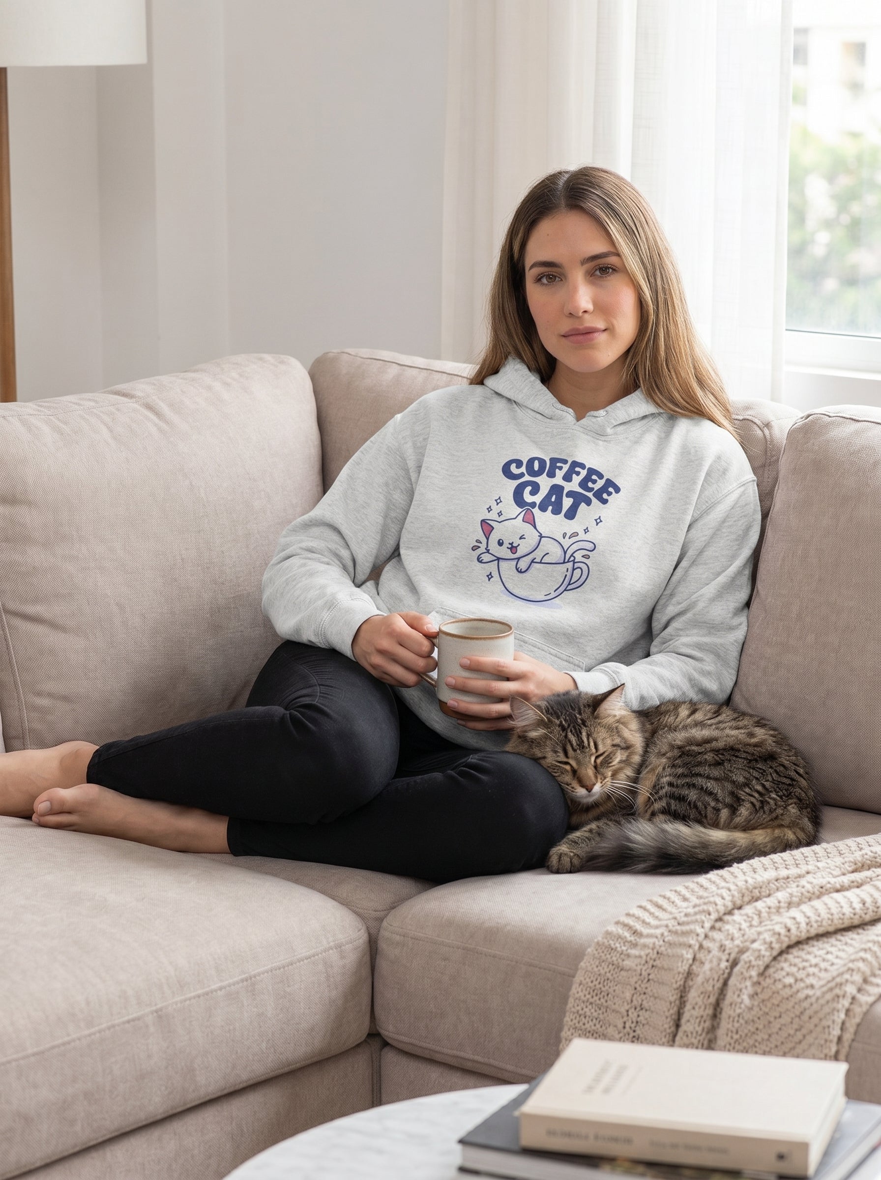 Woman wearing a 'Coffee Cat' hoodie sitting on a couch with a cat, holding a mug.