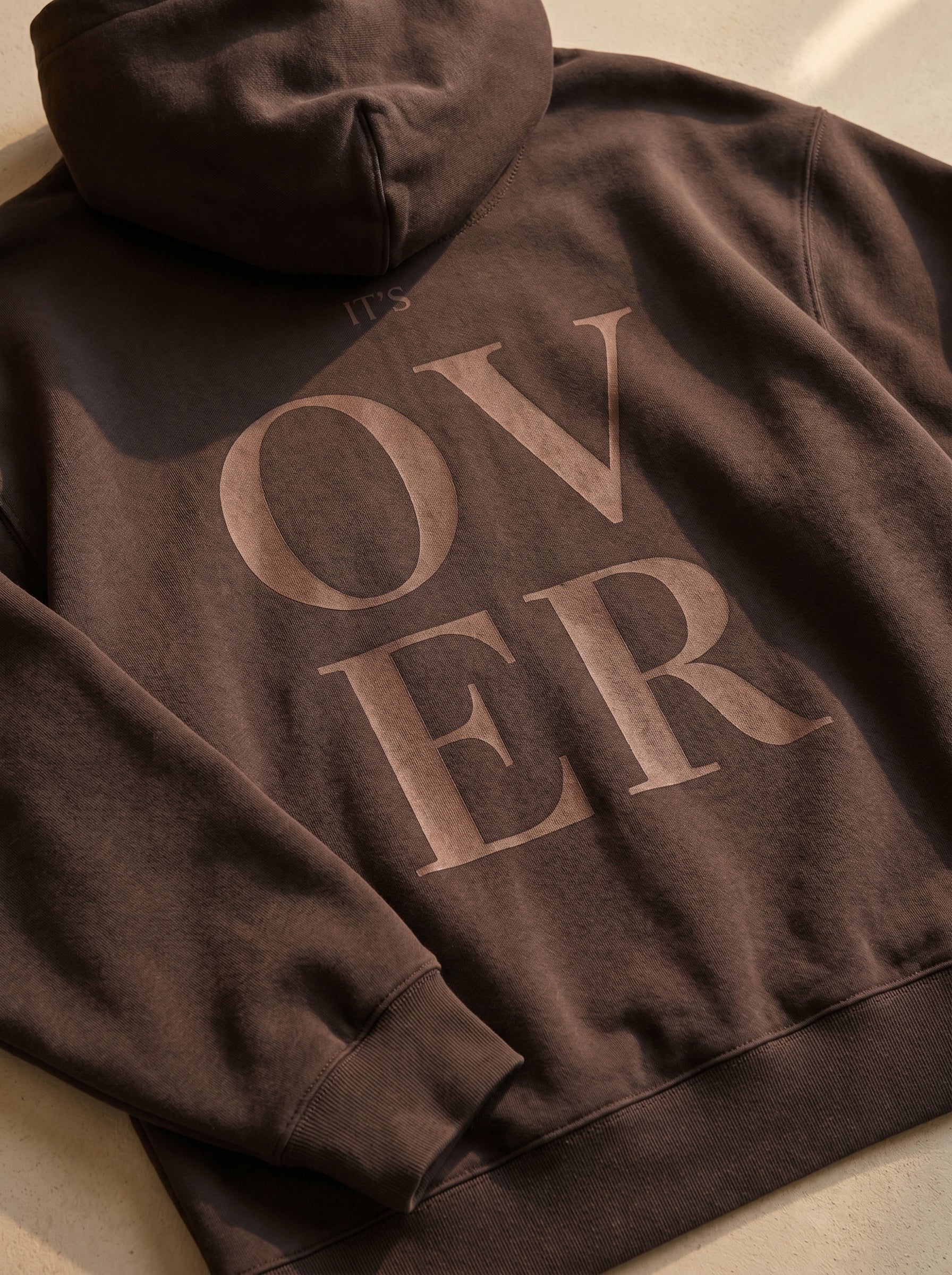 Men's Oversized Dark Brown Hoodie - "Its Over" Retro Typography Pullover