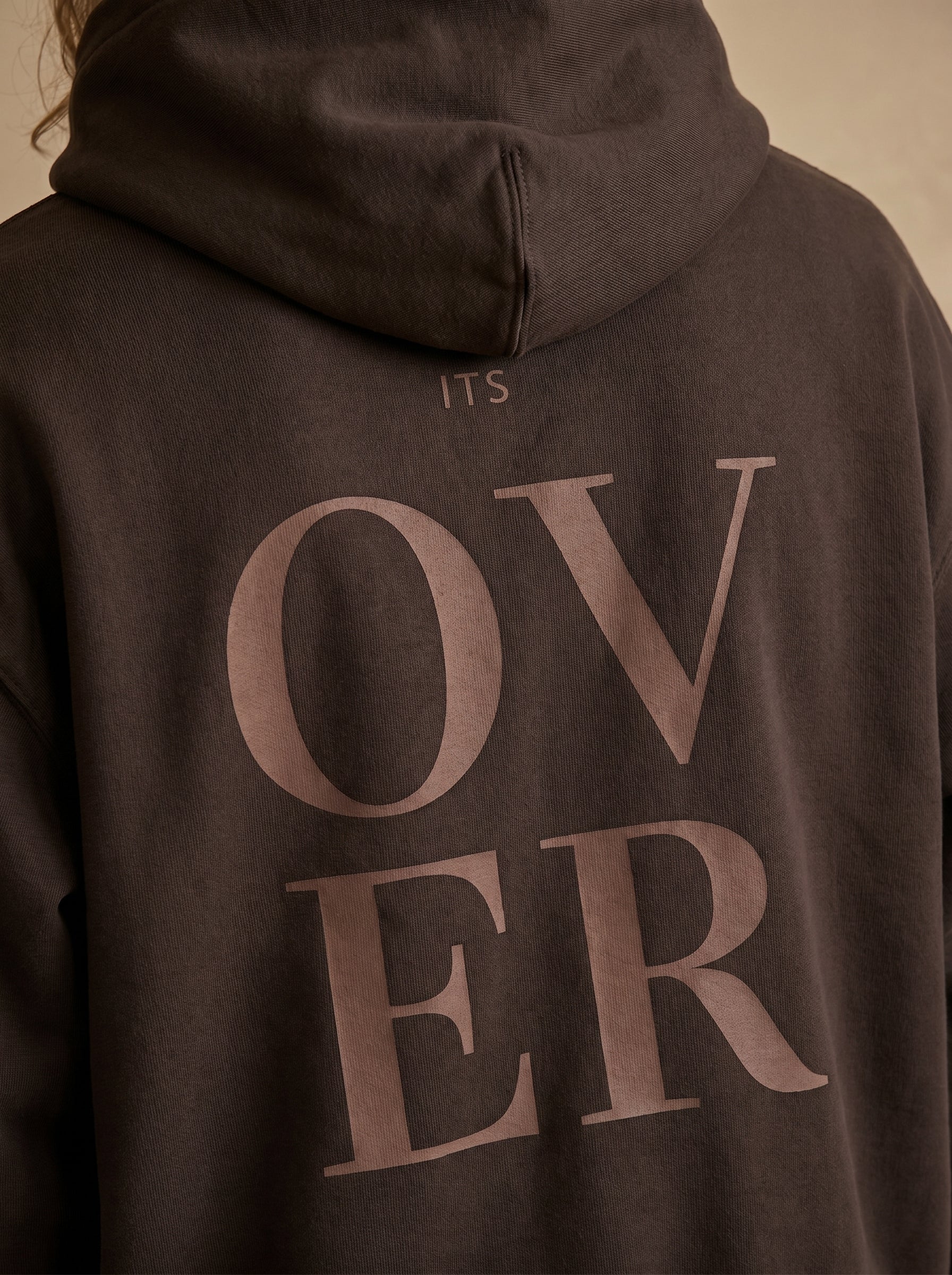 Men's Oversized Dark Brown Hoodie - "Its Over" Retro Typography Pullover