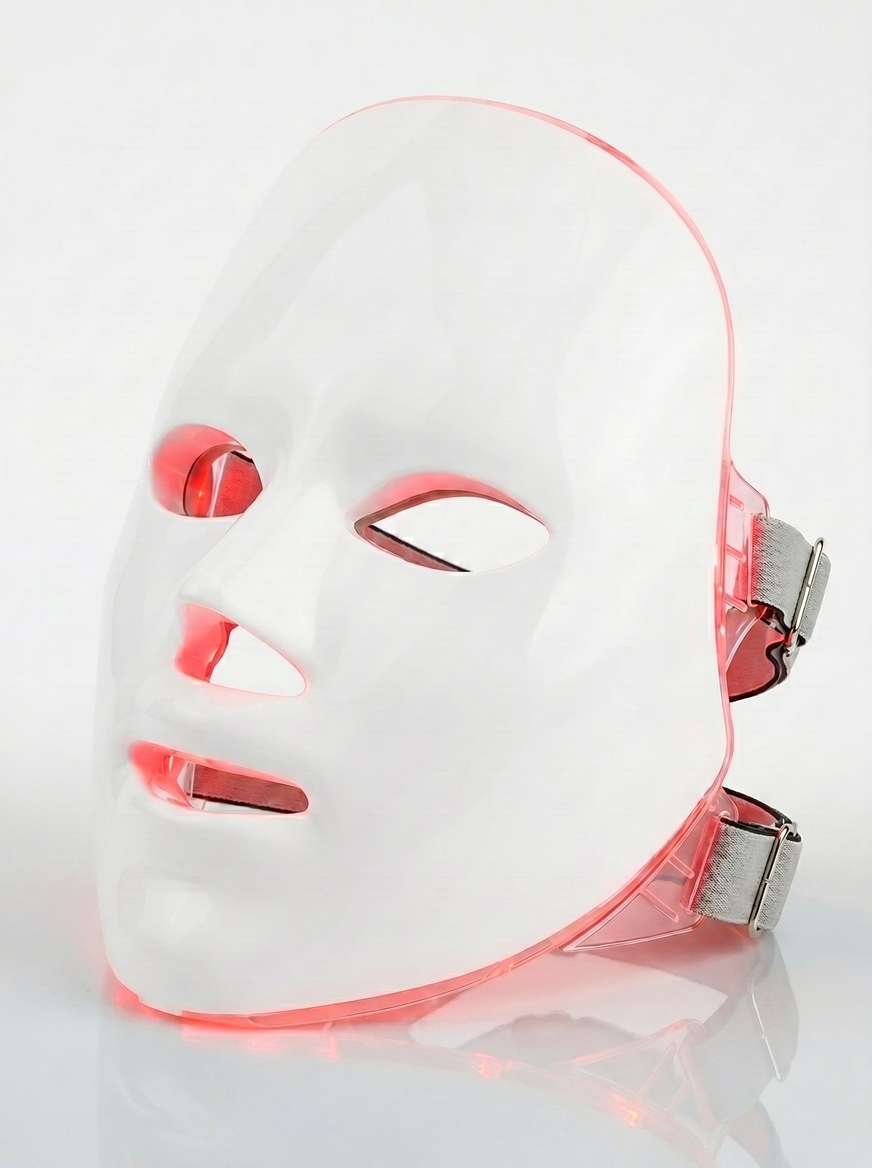 White LED face mask with red lights on a white background